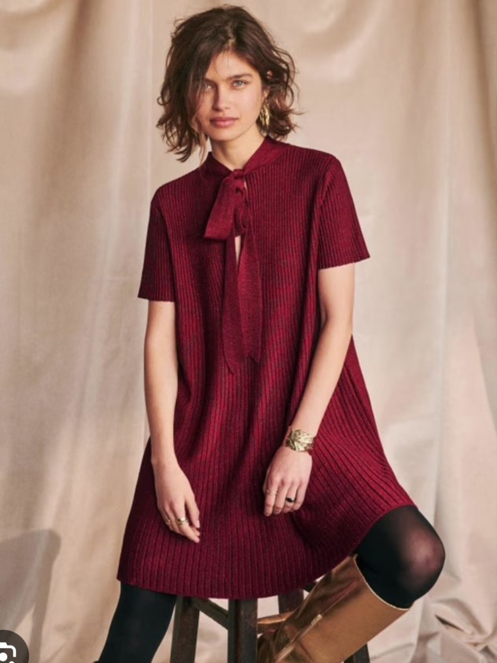 Sezane Rare Burgundy Red Ribbed Eleanor Tie-Neck Mini Dress